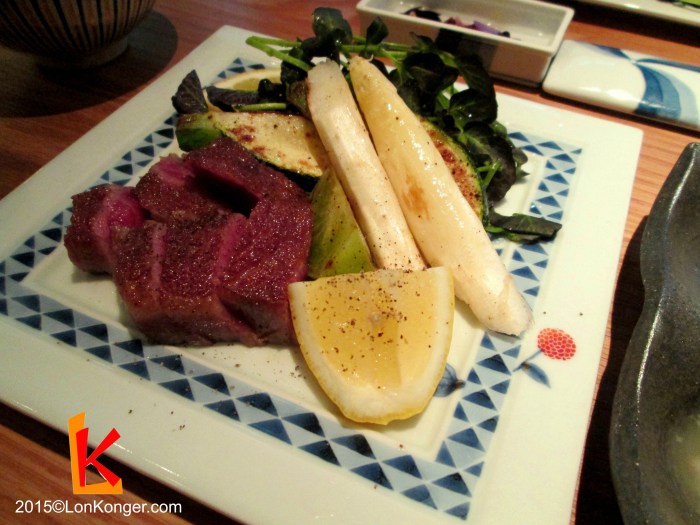 The star of the show - sliced Kobe beef steak with seasonal vegetables