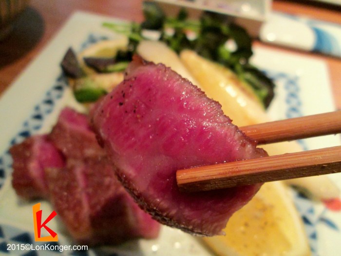 The steak was served medium rare for optimal succulence and flavour. You can clearly see the shimofuri.