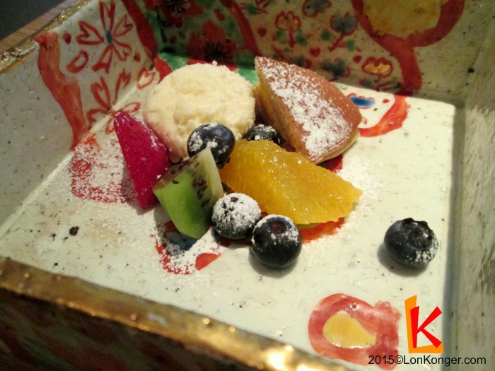 Tofu cheesecake, custard dorayaki and fruit pieces